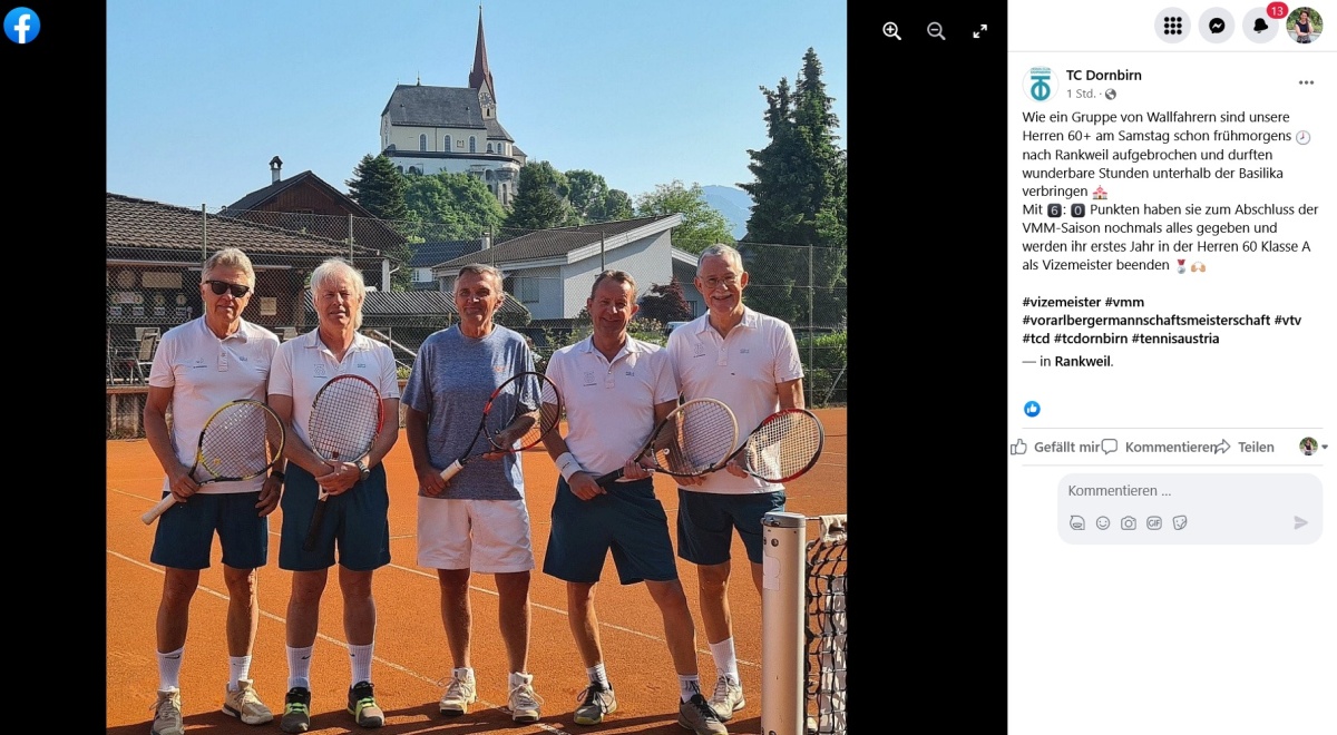 Die Herren 60 des TCD als Wallfahrer zu fr�her Morgenstunde unter der Basilika von Rankweil