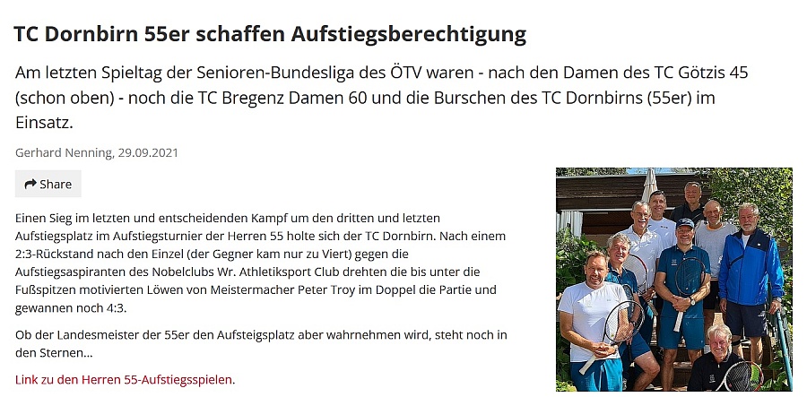 Bericht des VTV zur Aufstiegsberechtigung des TC Dornbirn in die Bundeliga Herren 55
