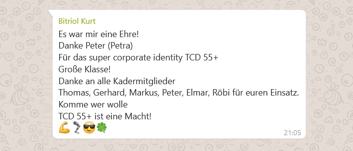 WhatsApp Meldung zu den Aufstiegsspielen der 55er des TC Dornbirn in die Bundesliga